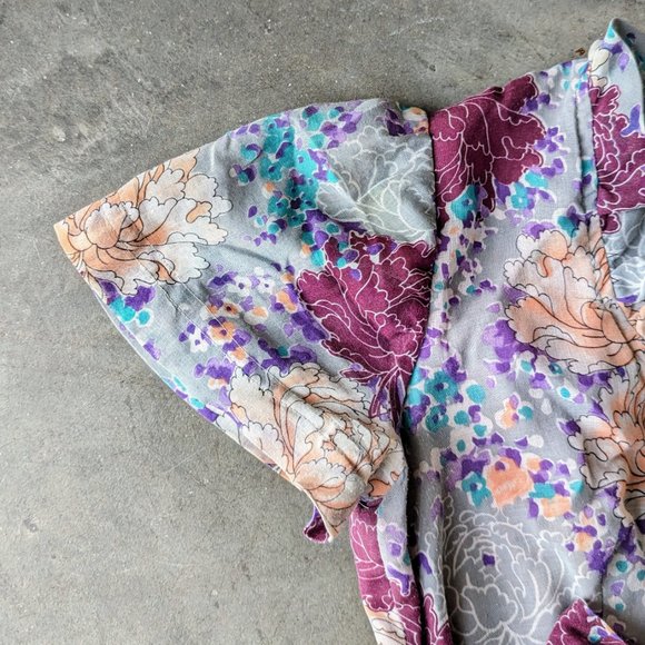 Vintage Floral Blue Purple Orange Short Sleeve Empire Waist Maxi Dress - Picture 4 of 14